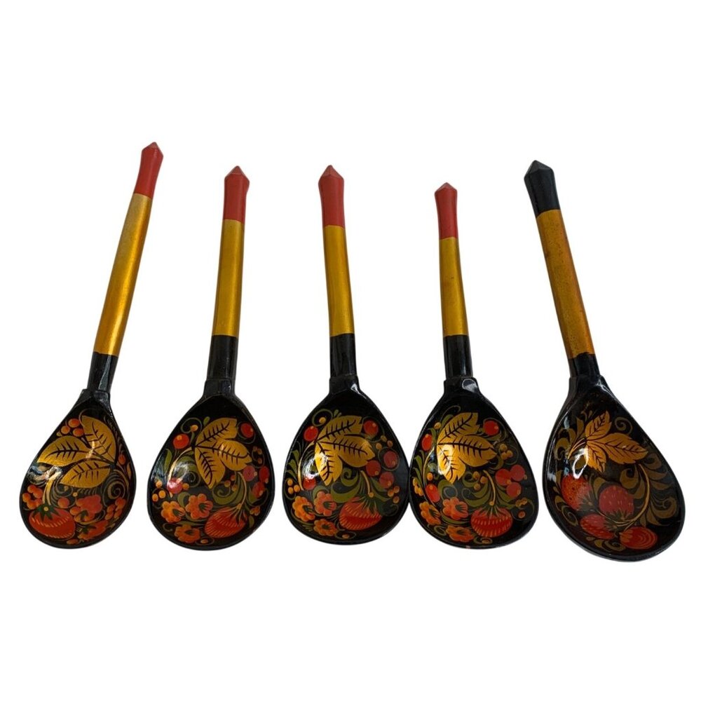 Set Of 5 Hand Made Russian Khokhloma Wood Spoons Floral Pattern Folk Art